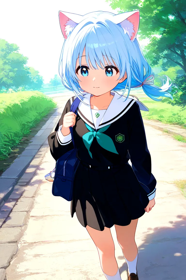  girl、Cat ears、light blue hair tied at the top、 light blue eyes、uniform、road、 bag、 smiling