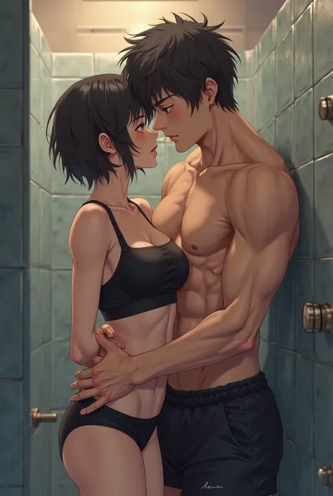 1 Girl Shuko Komi, short hair, soft moaning, wearing black sports bra, no panties, shy face,oral  sex with 1 big muscular shirtless man Toji, while standing, gym bathroom