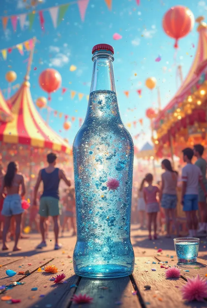 Background of the image with carnival details and in the center of the image a bottle with a glass of water 