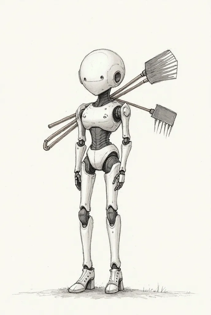 Make an sjtch robot with pensil shading that  carrying a 3 different farming tools behind it. Make it a anime drawing make tall as a human and make the drawing so simple.Make him facing the camera.