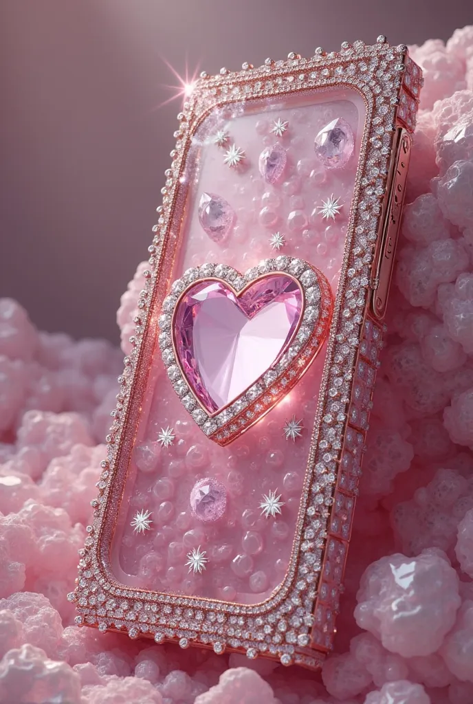 Samsung galaxy s25 with a pink diamond case with a white heart with diamonds 