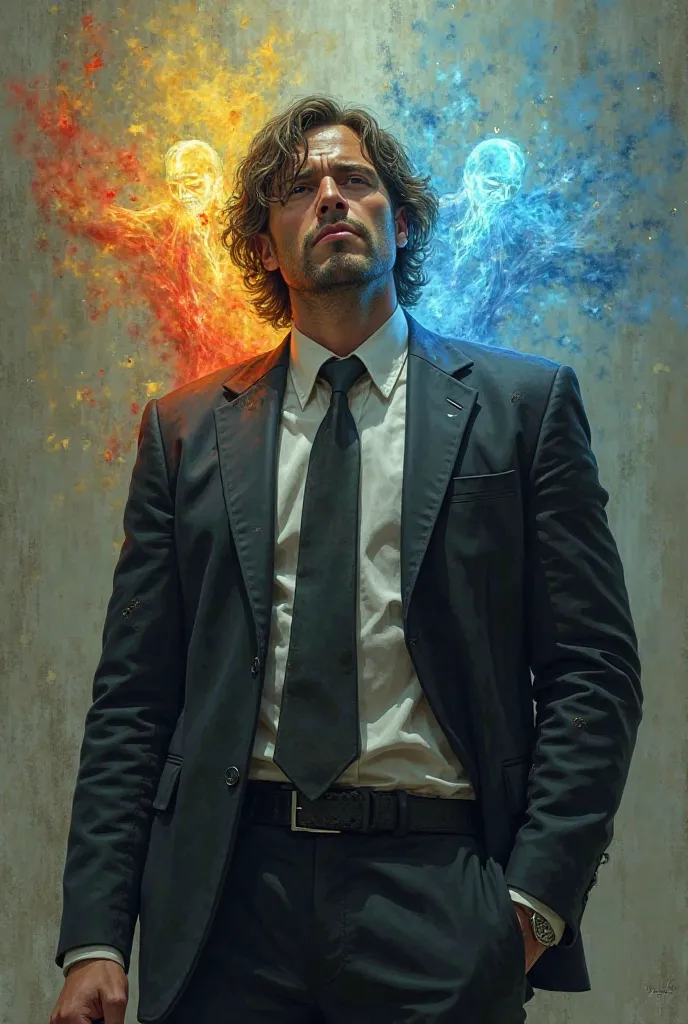 30-year-old man in a suit, tie, a broken sleeve, his suit a little torn, semi-long hair and with 3 spirits coming out of his body, one yellow, one blue and one red. 