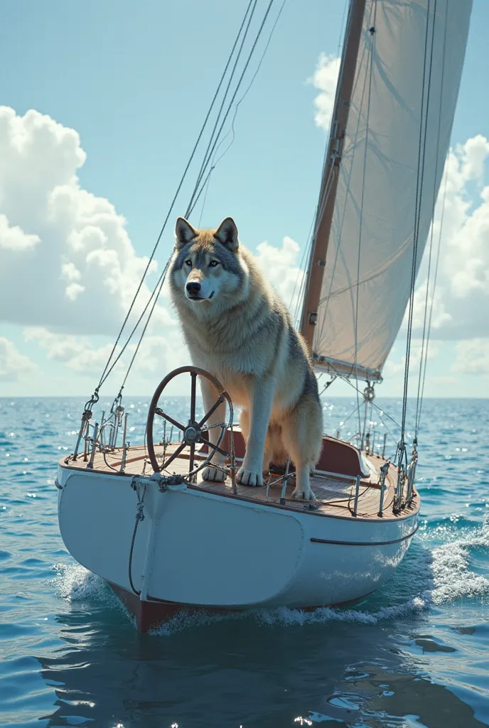 A wolf at the helm of a white sailboat all the sails out on a blue and calm sea