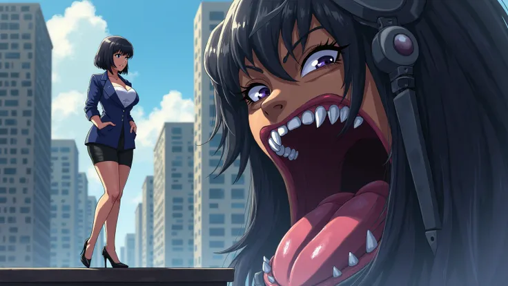 A anime style shot of a muscular woman standing on a platform on the left, dressed in a sexy blazer, pencil skirt, and stilettos, short straight dark hair with blunt bangs, large breasts, round butt, and curvy figure. Behind her is the massive face of a se...