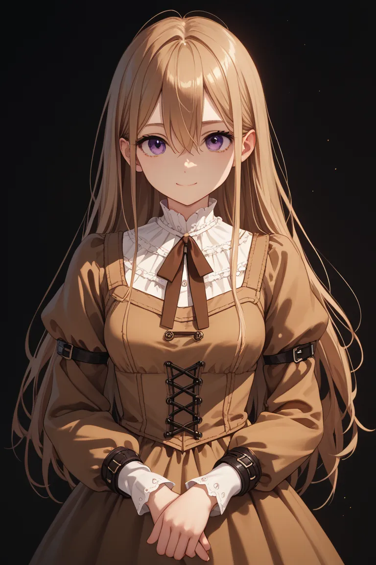 brown long sleeve dress with brown tie, masterpiece, highest quality, Anime style, only one woman, tall stature, white background, Victorian maid, brown apron, young woman, blond long hair, middle part, fuchsia purple eyes, (hairs between eyes : 0.9), ((st...