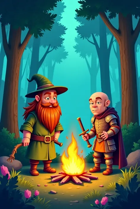 This two charaters Funny cartoon style male wizard with long brown hair with a long stick an a bald paladine with big sword camping around a fire in a forest 