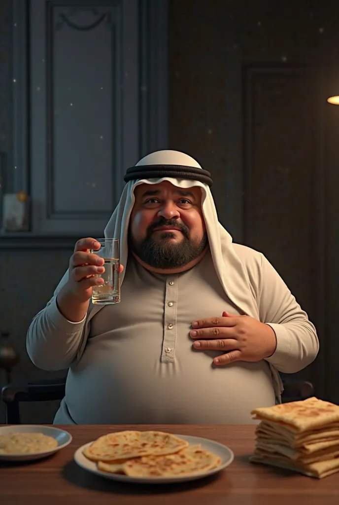 Creat 3D heavily overweight man with a large belly protruding from his loose Arabic dress (thobe) sits at a table during sehri. He holds a big glass of water, drinking hurriedly, but some spills down his chin onto his clothes. His expression is a mix of ur...