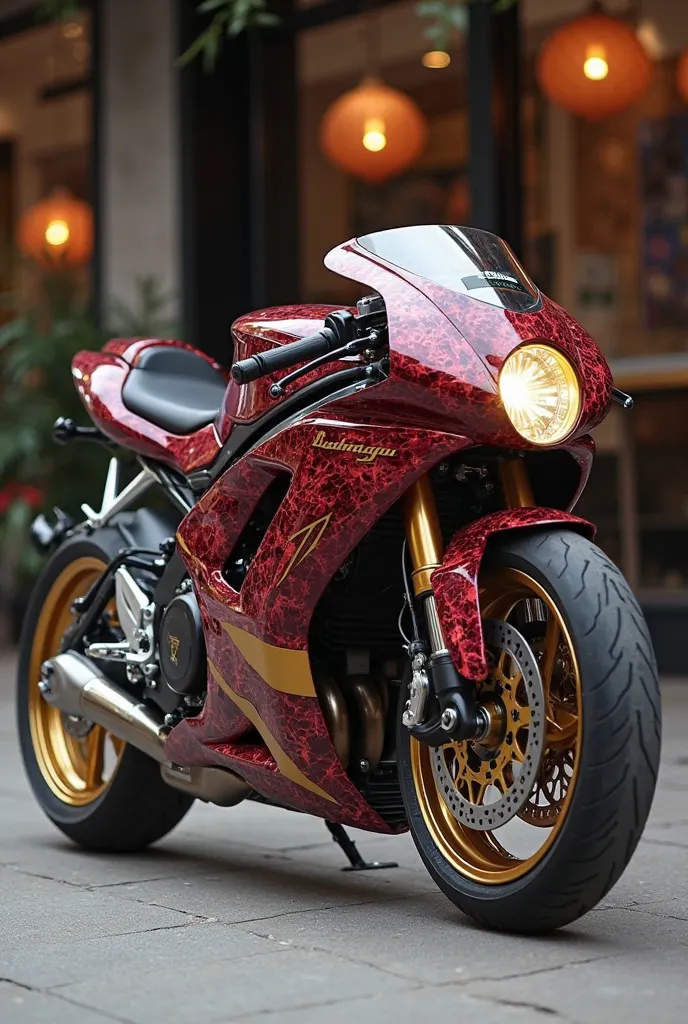 Moto Stylo Café Racer
 Yamaha Virago 250 with tank and side covers marbled red wine with gold stripes, modified gold steering wheel , black engine with gold details, golden palette wheels. LED lights and digital tachometer 