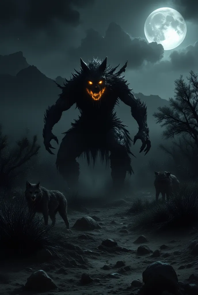 A sinister half-human, half-wolf creature emerging from the shadows of the desert, mid-transformation. Its body is covered in twisted, dark fur, and its elongated limbs give it an unnatural, terrifying posture. The eyes glow eerily, locking onto an unseen ...