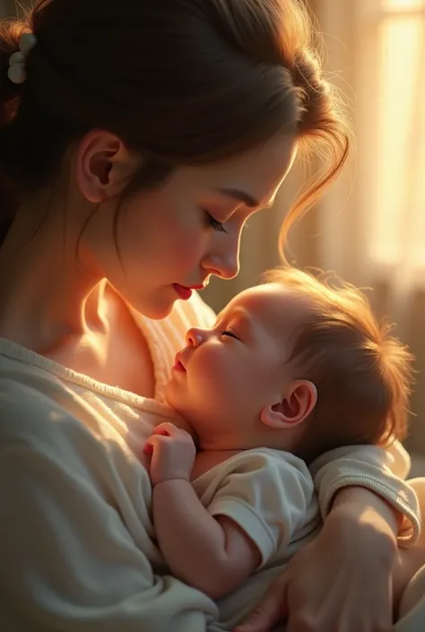 A loving mother sings a tender lullaby to her , her voice filling the room with warmth as she gently rocks him back and forth, the baby slowly closing his eyes in contentment