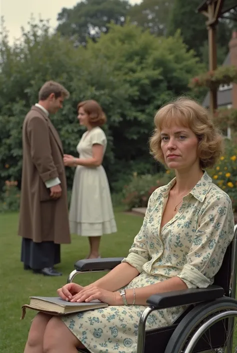 We are in England in the 1960s. We are in the garden of a house in a rural area. In the foreground we see a blonde, beautiful woman sitting in a wheelchair, with a stern look, unhappy and with a bad face. sHe is facing us and has a thick notebook on her la...