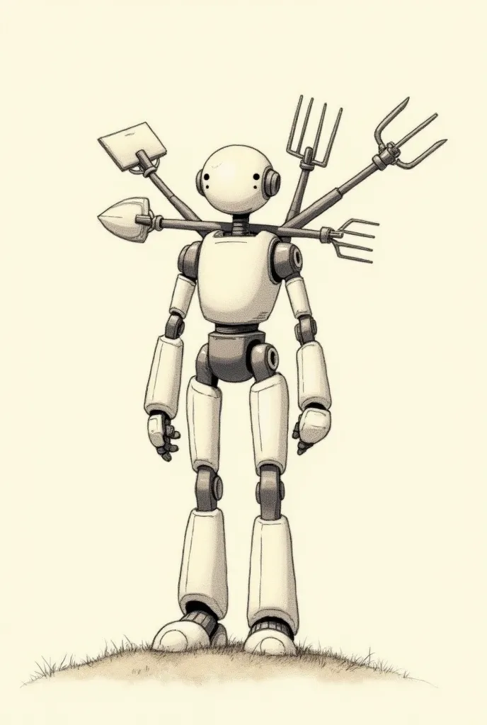 Make an sjtch robot with pensil shading that  carrying a 3 different farming tools behind it. Make it a anime drawing make tall as a human and make the drawing simple it's like drawn by a human