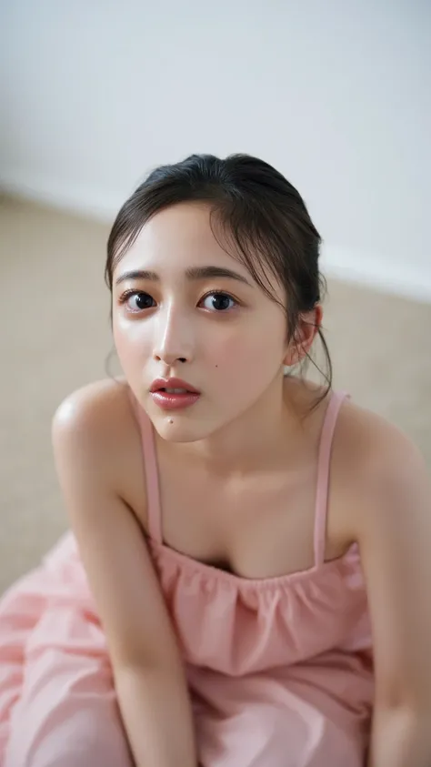 The high resolution photograph of a Japanese young  female idol, solo, 1girl, sitting on a floor, wearing a off-shoulder dress, face focus, close-up of face, facing up, looking up at the camera, pale skin, detailed face, detailed eyes, seductive eyes, natu...