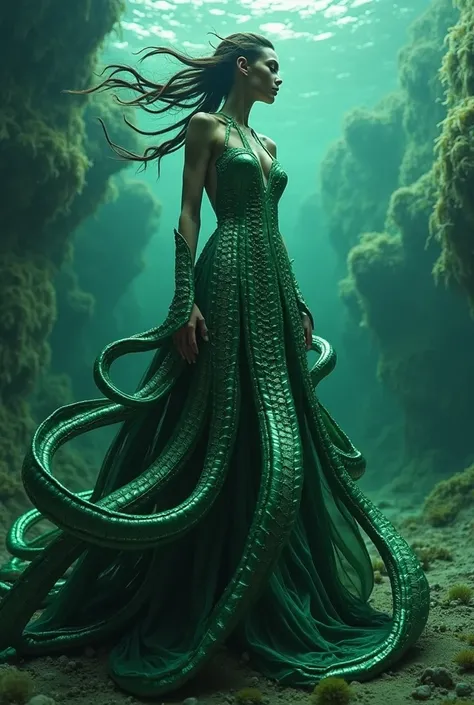 Create a fantasy kraken style dress in green