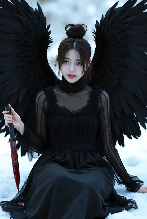 Korean gothic Female angel with Messy Bun hair,wear A shabby black dress in layers, with huge feathers on wings, wings to each other, sitting on snowy ground,hold a knife covered a Crimson liquid, can't take off. Photorealistic image, pixabay contest winne...
