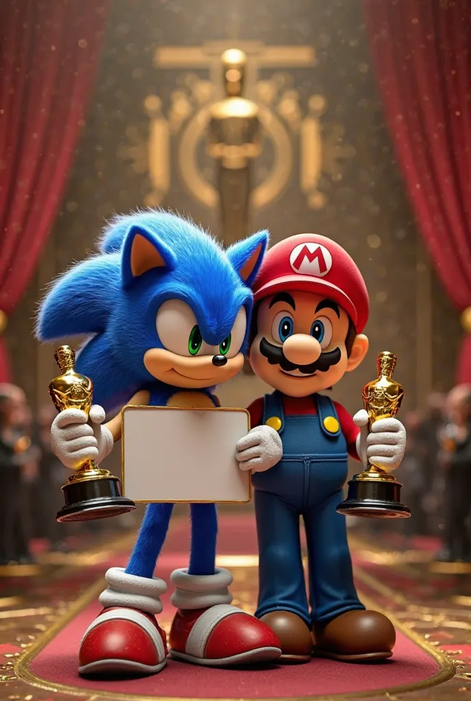 A hyper-realistic digital artwork of Sonic the Hedgehog and Mario standing together on the grand stage of the Academy Awards ceremony, both celebrating their victory. Sonic holds an Oscar trophy in one hand and a large sign in the other, facing forward. Th...