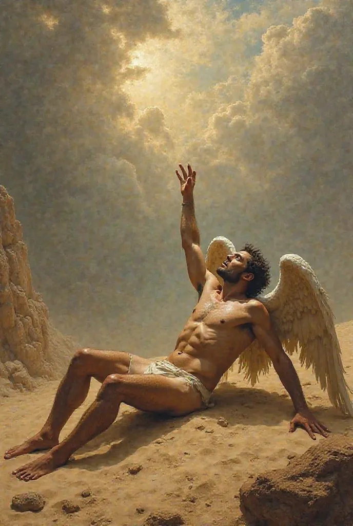 A fallen angel lies on the barren desert floor, his body tilted with his bare back and his fallen and battered wings. His hands rise to the sky in a desperate gesture, imploring divine help. The scene is illuminated by a soft, golden light, with a cloudy a...