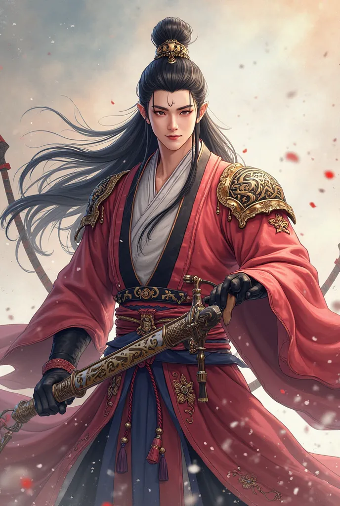 Refer to the characters in Three Kingdoms Warriors，Draw a picture of Lu Bu in the Battle of the Three Angles（Lu Bu is seven feet tall outside，Slim waist and back ties，Shoulders hugged，Face like powder，Sword-like eyebrows merged into the sky and inserted in...