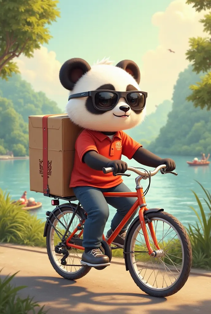 Character: JBH, a cheerful panda, is wearing a sweet red polo T-shirt that fits him snugly, giving him a cute and approachable look.with black sunglass
Action: He is riding a sturdy bicycle, pedaling with enthusiasm. Attached to the back of the bicycle is ...