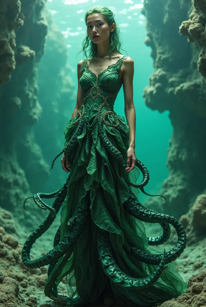 Create a fantasy kraken style dress in green