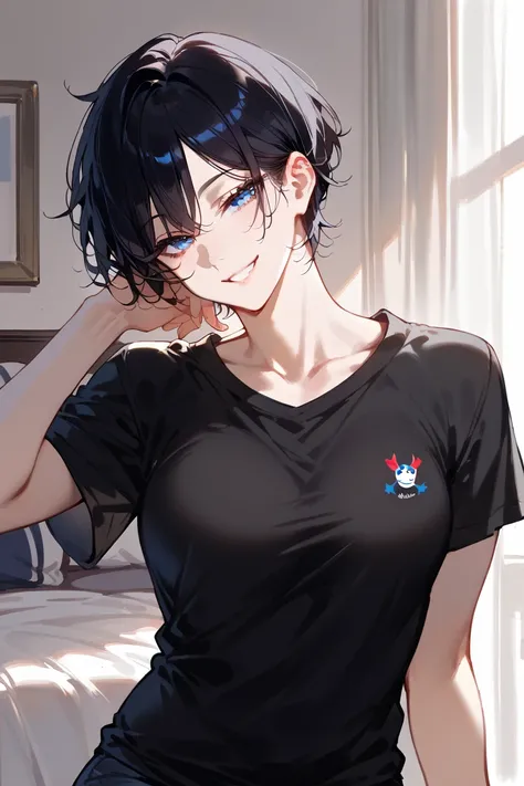 ((Masterpiece, super high resolution, highly detailed, 8k)), slim, small, handsome, ((wears black t-shirt, short sleeves, seductive smile to viewer: 1.2)), blue eyes, black hair   