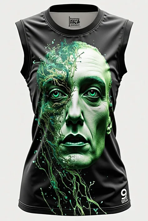 Design a women's sleeveless volleyball t-shirt with the colors black, white and green, include the small number as if designed by Salvador Dali 