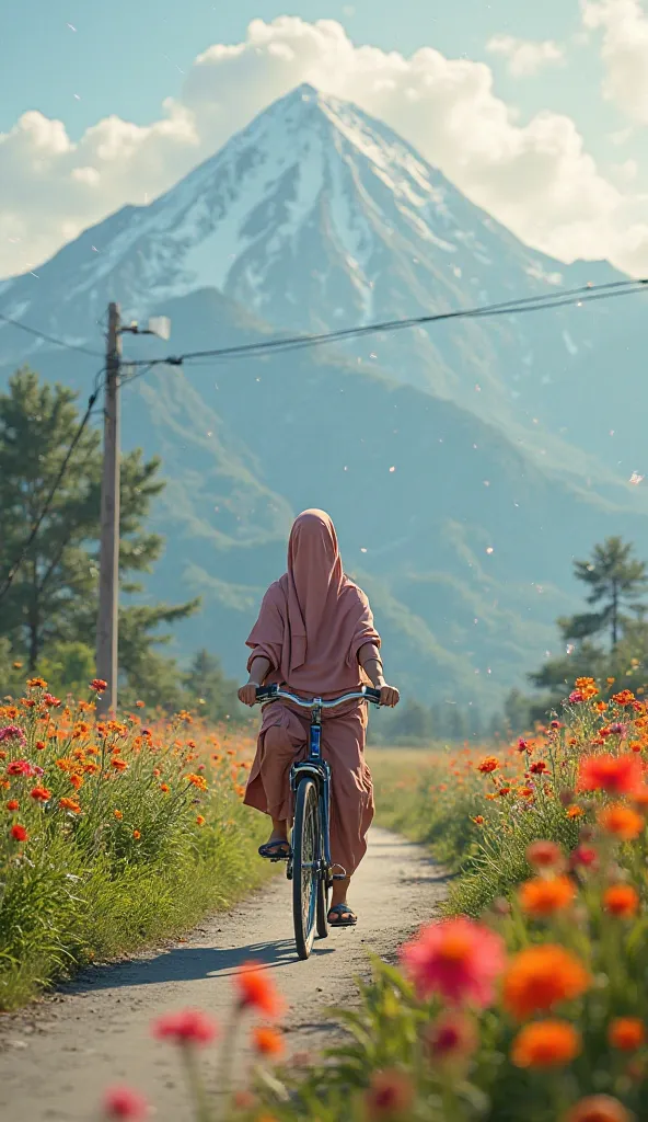 a beautiful Indonesian girl in hijab riding a bicycle, mountains,lots of colorful flowers on the side of the road,green grass , The sky was blue ,4k image ,indonesia,realistic