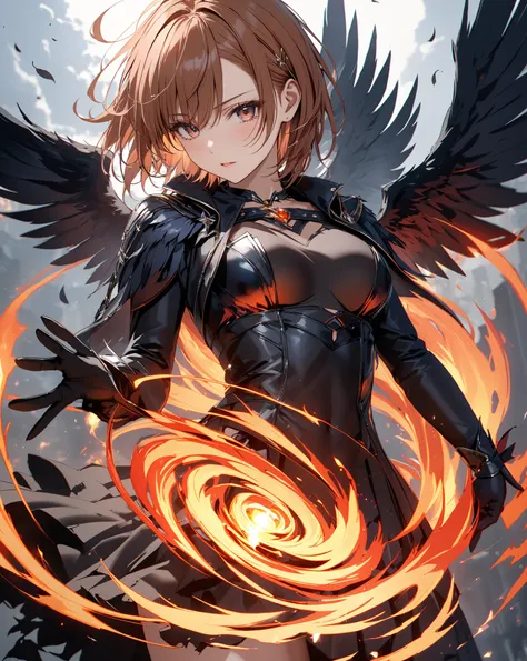 A Floating Feather, Demon World, Fallen Angel, Spiral of Fire, Ever Darkness, Torn Wings, ( Misaka Mikoto), masterpiece, highest quality, UHD, retina, masterpiece, accurate anatomy, super detailed, high quality, best quality, 8k