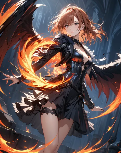 A Floating Feather, Demon World, Fallen Angel, Spiral of Fire, Ever Darkness, Torn Wings, ( Misaka Mikoto), masterpiece, highest quality, UHD, retina, masterpiece, accurate anatomy, super detailed, high quality, best quality, 8k