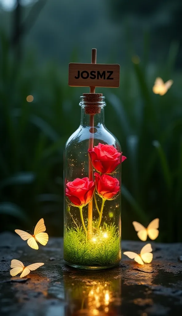 A bottle glass with a cork lid contains three vibrant red roses, illuminated by LED lights.Big wooden sign with the letters "JOSMZ" is inserted on the top of the bottle via big stick on the cork,The base is covered in bright green artificial grass.The bott...