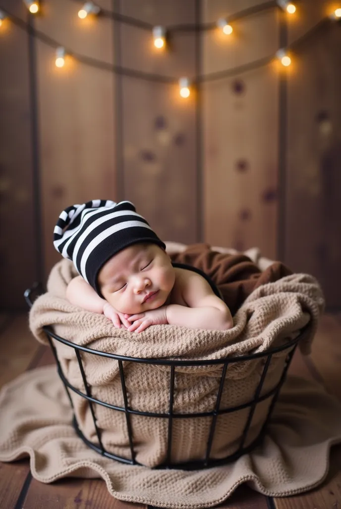 a sleeping baby resting peacefully inside a cozy basket. The baby is wrapped in a soft, brown blanket and is wearing a black-and-white striped beanie. The background features warm wooden panels adorned with soft, glowing string lights, creating a warm and ...