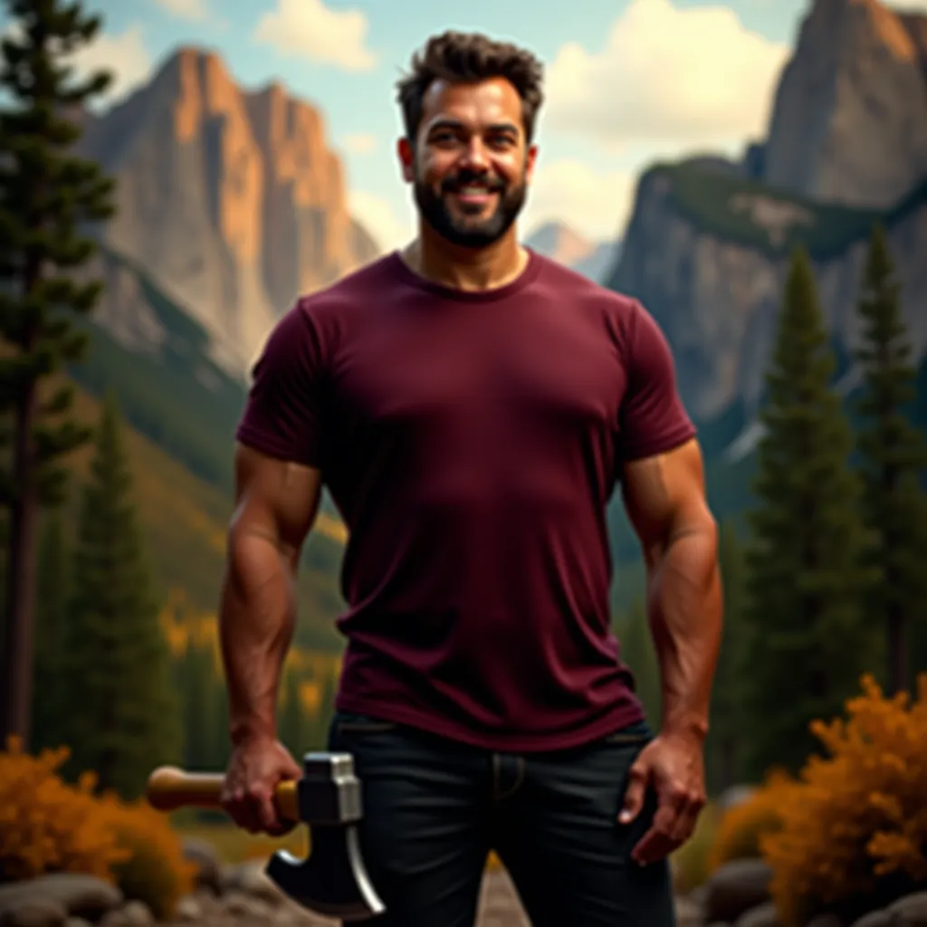 Realistic full-body portrait of a man smiling with a strong and confident posture,  in a natural setting . He is wearing a plain burgundy t-shirt with a round neck and dark pants.  On the right hand , he holds an axe by the handle, suggesting practical use...