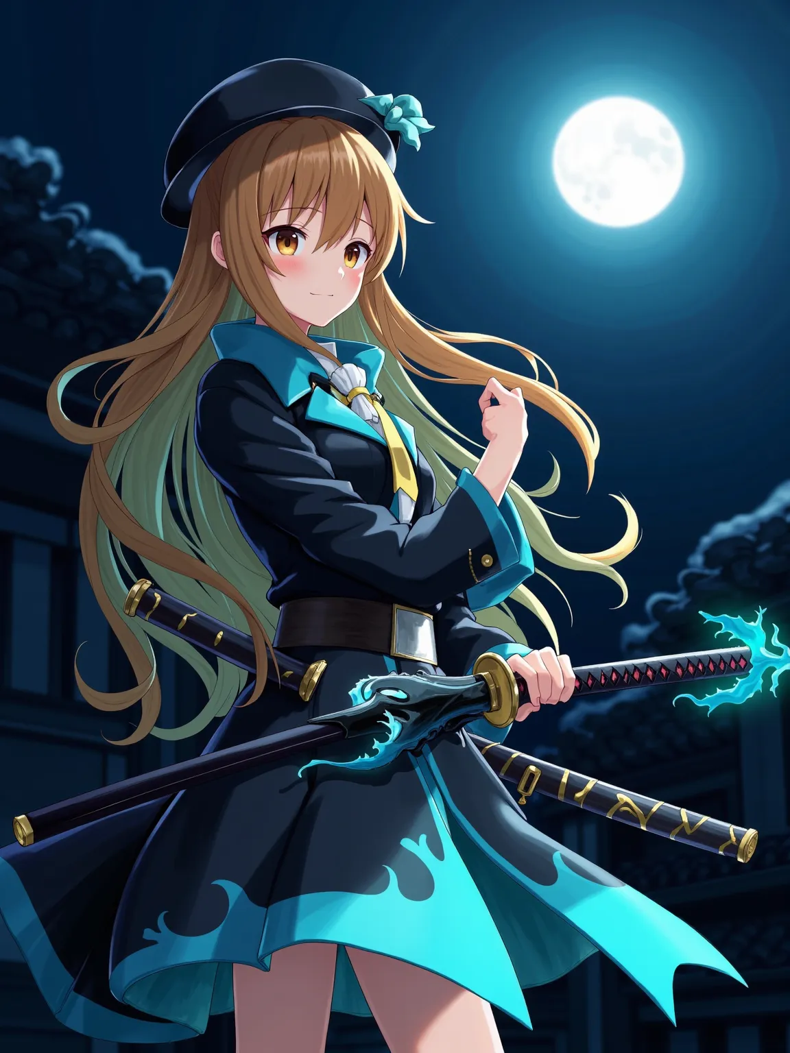 An anime-style portrayal of a girl in the dark night. She has long, bronze-colored hair and is outfitted in a lengthy coat, alternating between black and luminous cyan hues. Illuminating the background is a radiant moon, casting a beautiful glow. Clutched ...