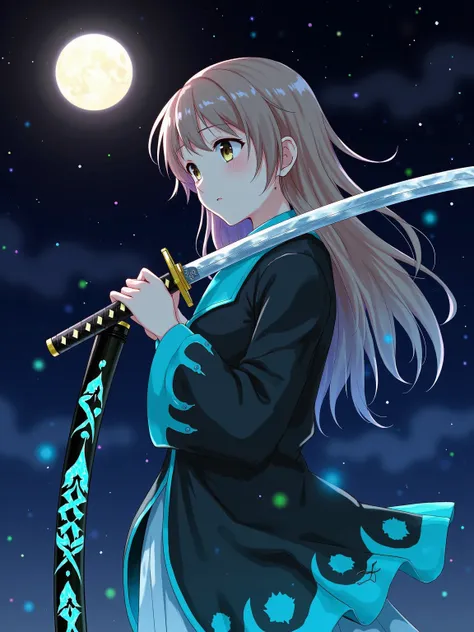 An anime-style portrayal of a girl in the dark night. She has long, bronze-colored hair and is outfitted in a lengthy coat, alternating between black and luminous cyan hues. Illuminating the background is a radiant moon, casting a beautiful glow. Clutched ...