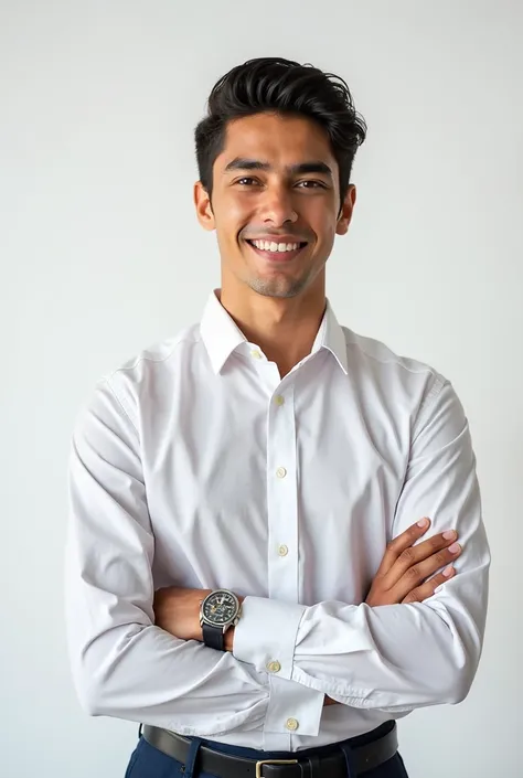 Formal photo of young Latino man on white background 