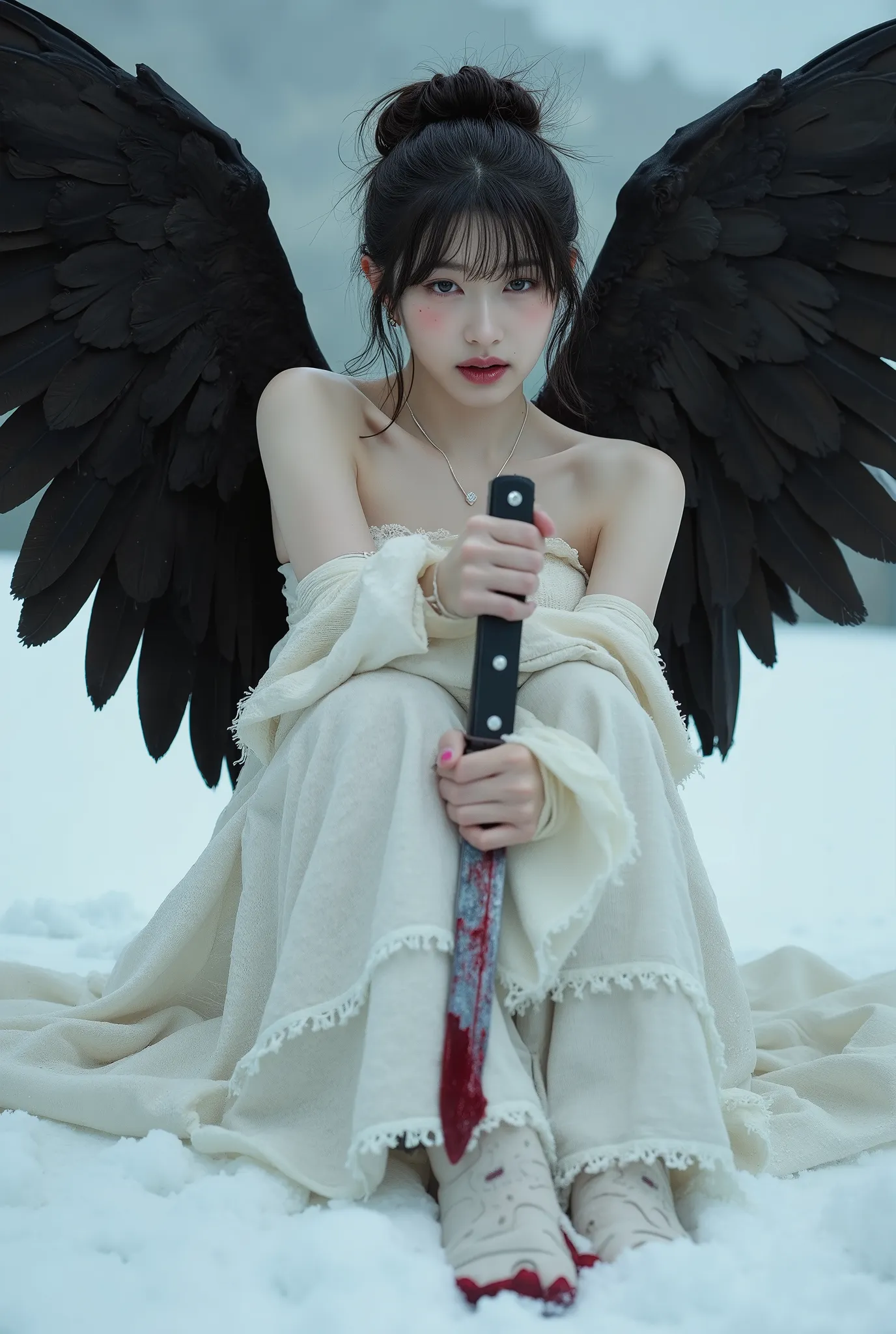 Korean gothic Female angel with Messy Bun hair,wear A shabby white dress in layers, with huge feathers on wings, wings to each other, sitting on snowy ground,hold a knife covered a Crimson liquid, can't take off. Photorealistic image, pixabay contest winne...