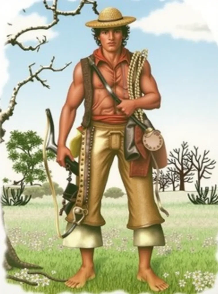 A young man, moreno, red blouse, wearing a cowboy vest, Clothes from the hinterland of northeastern Brazil, pants raised to the knee,standing, Body half turned to the right side, man holding an antique pipe in his hand at chest height, wearing a simple hat...