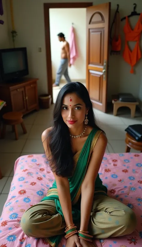 "An ultra-realistic 8K HD image of a beautiful Indian woman with long black hair, wearing a traditional sleeveless green and gold embroidered blouse with matching bangles, a red bindi, and elegant golden earrings. She is sitting on a bed covered with a pin...