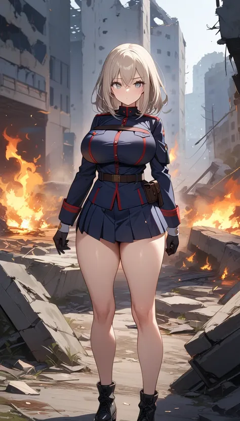 (masterpiece, Highest quality:1.2), (1girl) ,alone, ((medium hair)), (((platinum blonde hair))), (straight hair), ((gray eyes)), (big breast), high detail, bloom, (black militiary uniform), (pleated micro skirt), natural light, standing, bare legs, thick t...