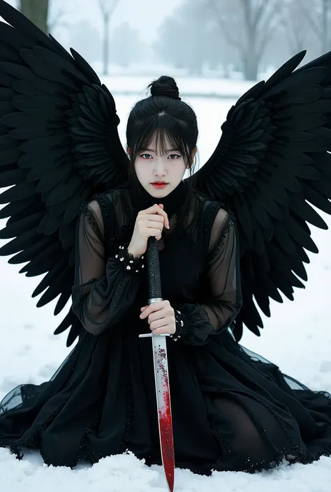 Korean gothic Female angel with Messy Bun hair,wear A shabby black dress in layers, with huge feathers on wings, wings to each other, sitting on snowy ground,hold a knife covered a Crimson liquid, can't take off. Photorealistic image, pixabay contest winne...