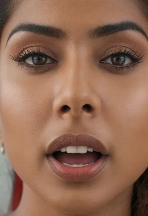 Ultra detailed photo of bengali woman, beautiful girl, highest quality realistic skin, eyes in focus, 25 years old, focus on mouth, open mouth, saliva, open mouth wide, inside of mouth visible, ponytail hair, mouth open wide, uvula visible, mouth open wide...