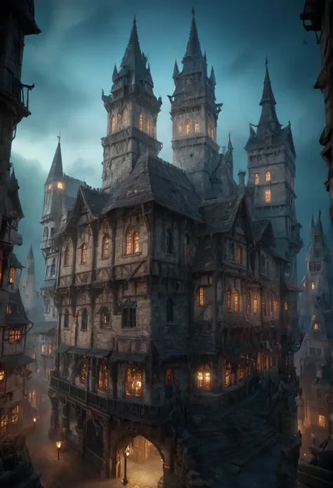 beautiful and complex magical wizard's enchanted tower, Detailed fantastic architecture, Intricate Spires and Towers, glowing magic runes and symbols, dramatic lighting, moody atmosphere lighting, volumetric fog, cinematic angles, Dramatic Shadows, very de...