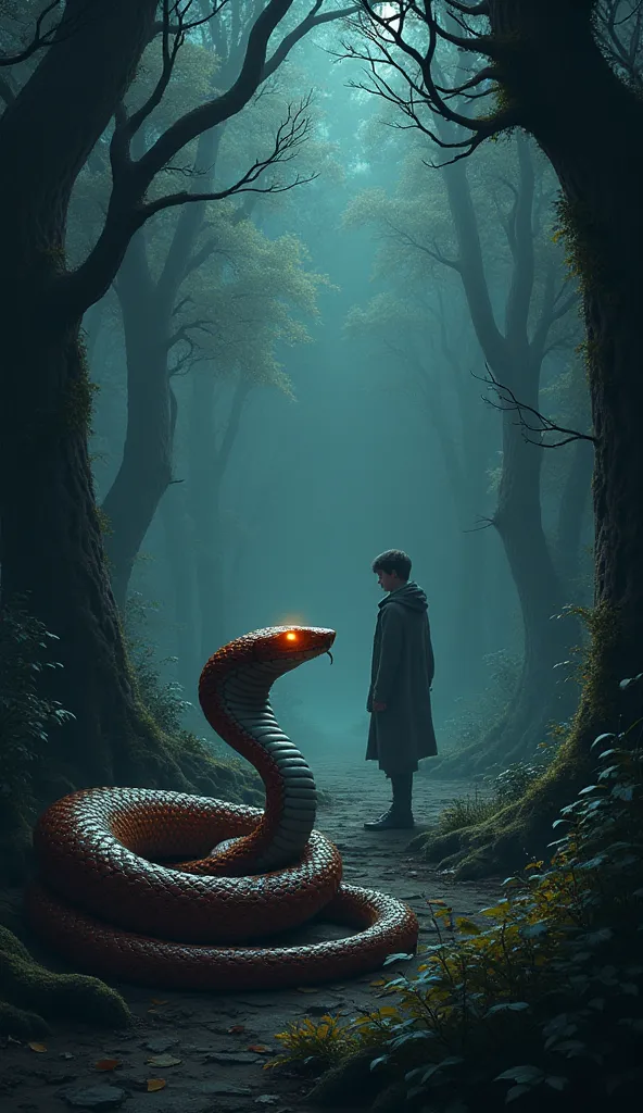 A snake curled on the ground,  with glowing and threatening eyes , as a person watches from afar with an expression of distrust. The background must be a dark forest, symbolizing danger and betrayal."