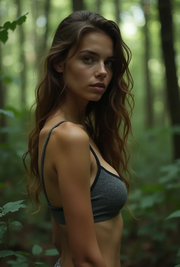 a naked woman standing in front of a camera with a forest landscape in the background 