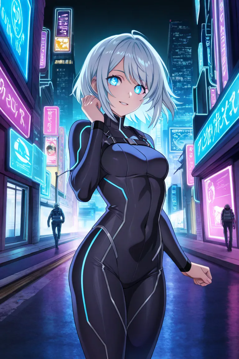  A futuristic city at night , with floating holograms and drones. A Young Girl (Calculate, , silver hair and bionic eyes) Run across the rooftops, chased by robotic guards