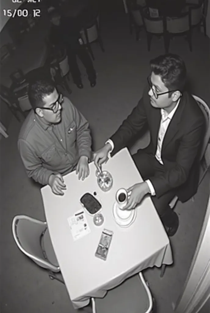 Black and white image from the surveillance camera, taken at lunch with coffee. In the center of the frame is Table, There is money in an envelope on the table. Guy with glasses , 21 years old he looks forward. In front of him is a guy in a work suit, 24 y...