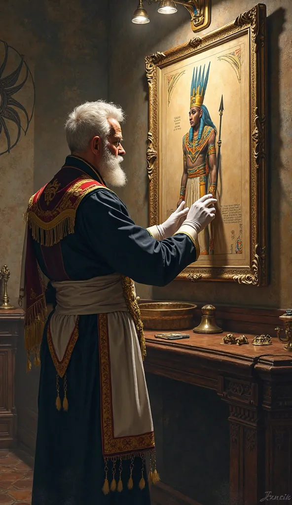 A white European freemason with his apron and white gloves looking and fixing the drawing on the wall of the character of Black African Osiris 