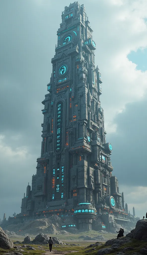 A huge arcane tower, cyberpunk style, side view, no background