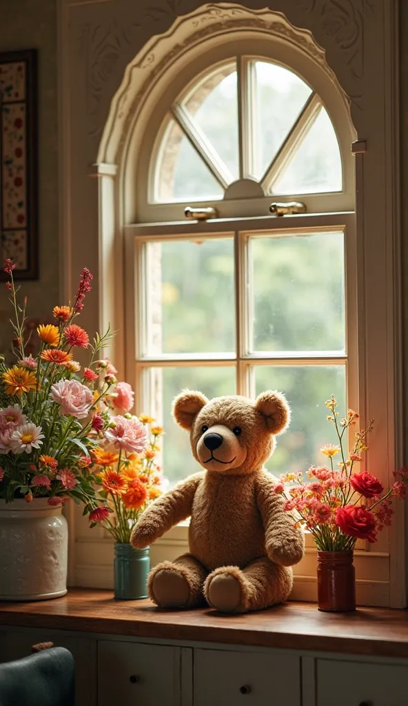 antique house、window、flower、antique plush bear、  nice interior  、Premium light top quality, very well detailed, 