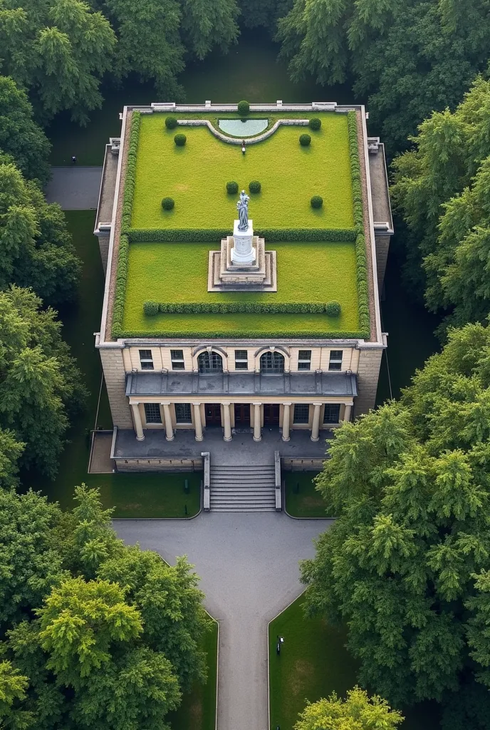 aerial view of a building with a green roof and a statue in the middle, a portrait inspired by Lajos Berán, pixabay, heidelberg school, lush surroundings, centre image, ariel view, exterior shot, beautiful surroundings, above view, dlsr photo, lab, photo f...